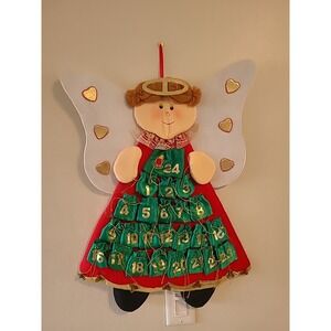 Vintage Advent Calendar Angel Wall Hanging Christmas 24" x 17.5" Cloth Green Red